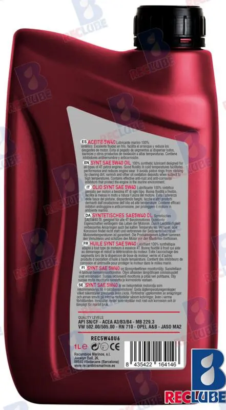 HUILE MOTEUR 5W40 100% SYNTH CARTON DE 6 - REC5W40U6 – Image 2